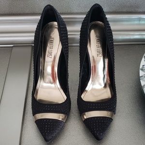 Jennifer Lopez Black and Gold Studded Heels